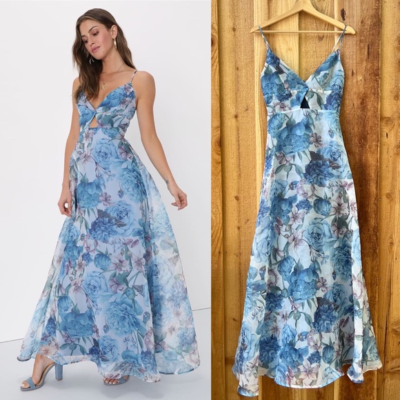 Blue and Violet Floral Organza Keyhole A-Line Maxi Dress 🌿 - Picture 1 of 10